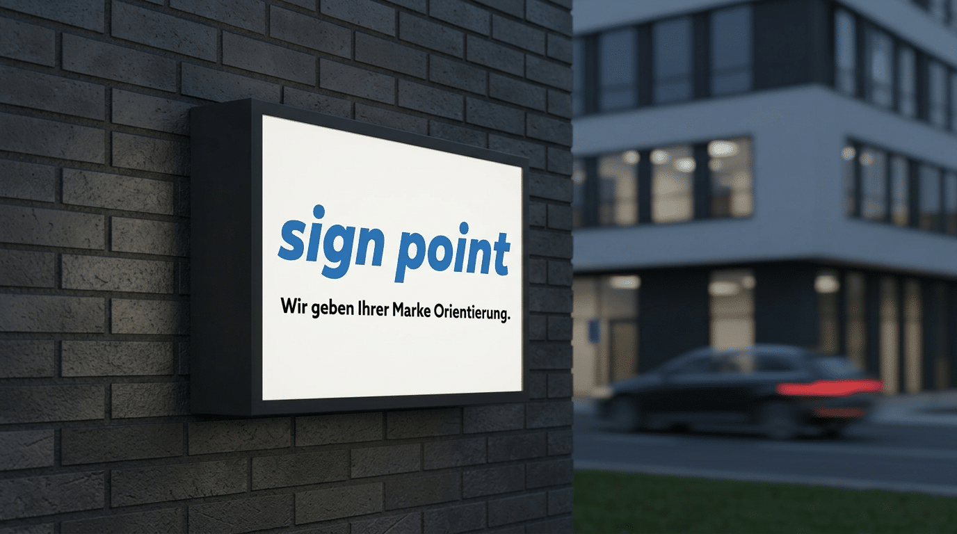 Leuchtkasten mit sign point Logo an Backsteinwand bei Nacht – Lichtwerbung von sign point Braunschweig